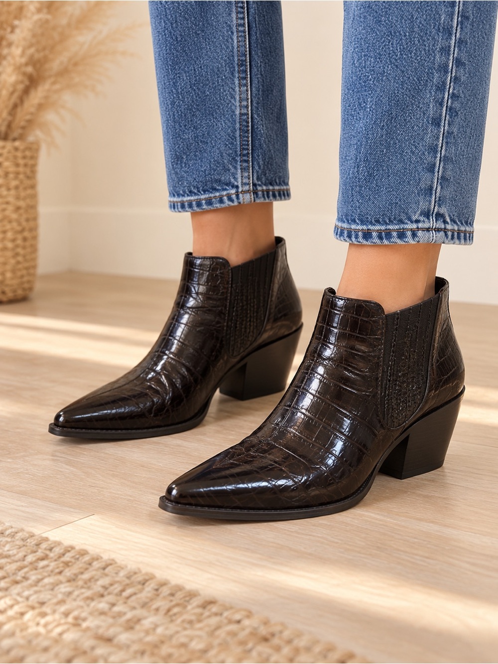 Sam Edelman Croc-Embossed Pointed Toe Ankle Boots - Dark Brown